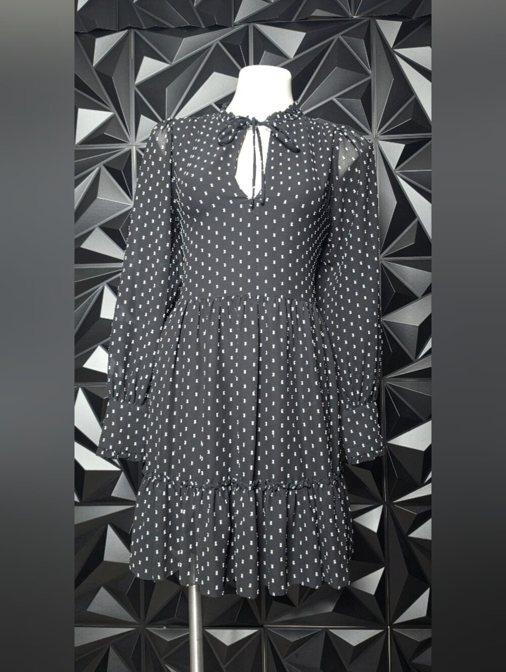 H&M Black Long-Sleeve Polka Dot Tie-Neck Dress